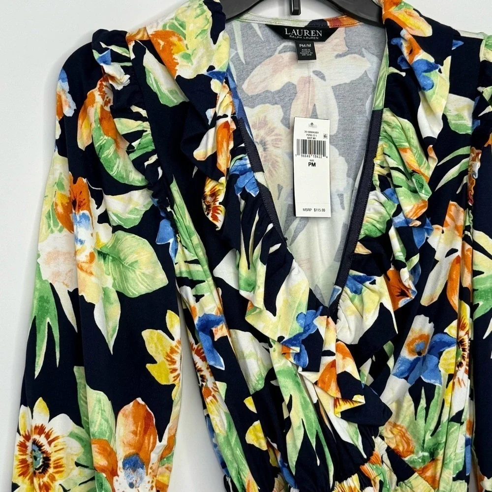 Lauren Ralph Lauren Floral Jersey Belted Peplum Top Women M Ruffles Tropical - Picture 6 of 15